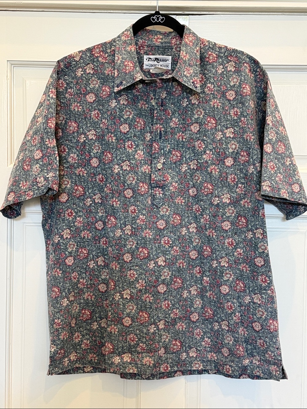 Tori Richard Short Sleeve Button-Down Shirt - Blue with Pink Floral. Size L
